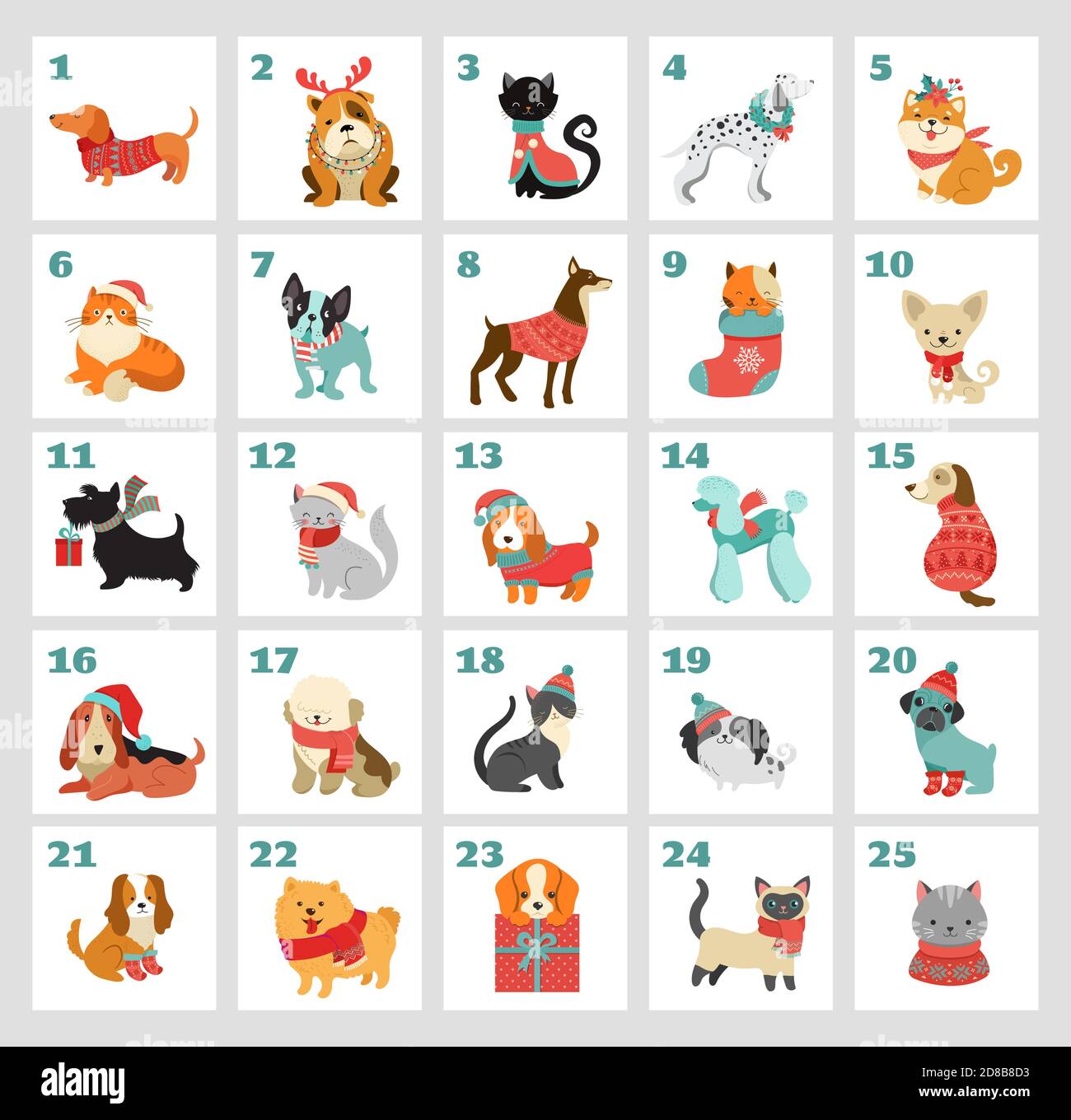Christmas advent calendar with dogs. Funny Xmas poster with puppies, dogs wearing winter clothes, Christmas accessories  Stock Vector