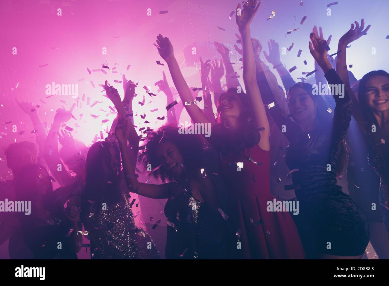 Photo of big group many classy girls falling confetti catch arms neon ...