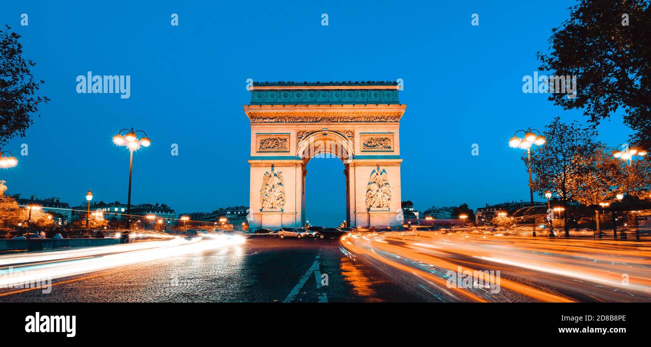 Panoramic view of Arc de Triomphe by night Stock Photo Alamy