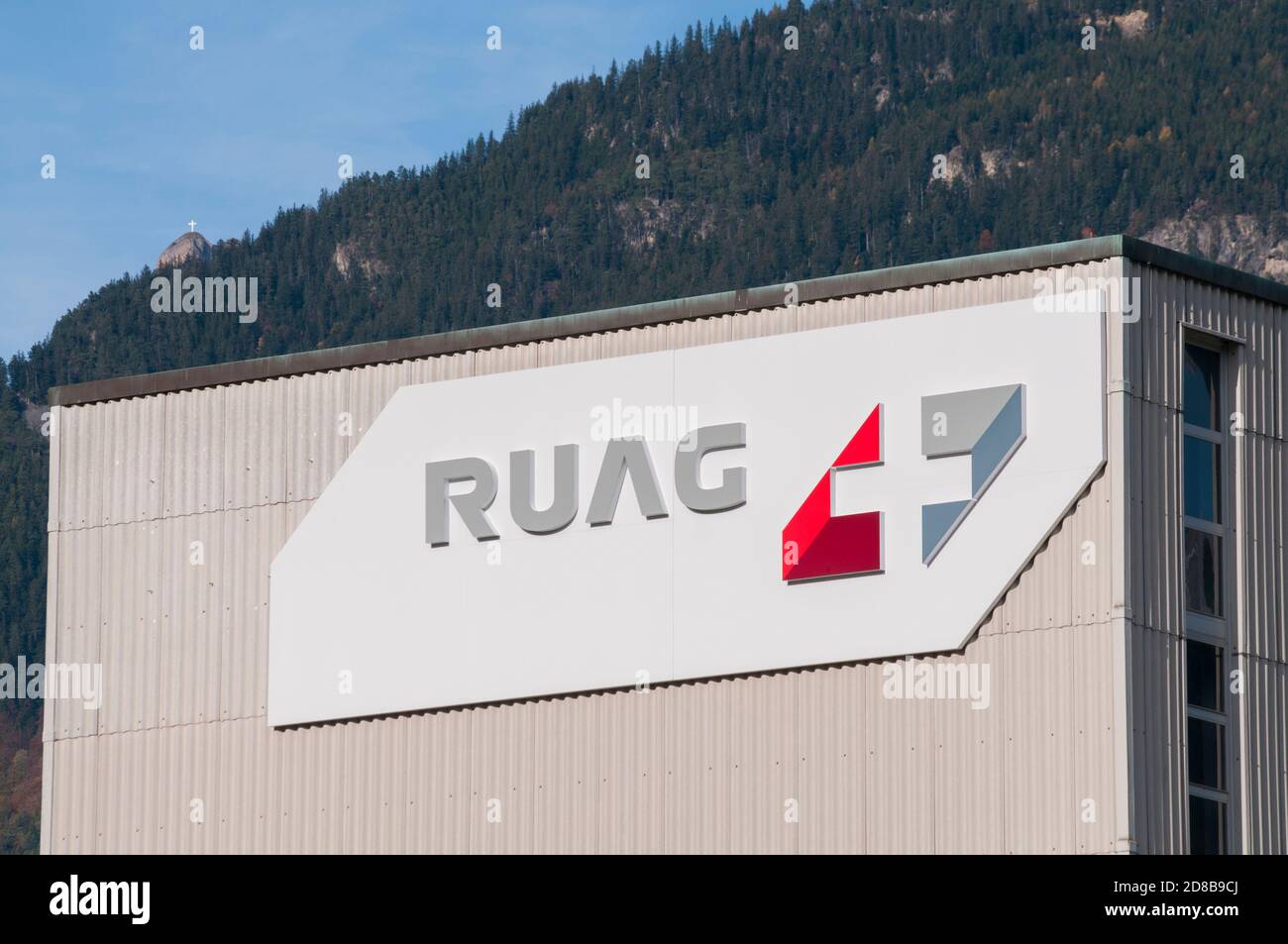 Altdorf, Uri, Switzerland - 25th October 2020 : Ruag logo sign hanging on a building facade in Altdorf. is a Swiss company specializing in aerospace e Stock Photo