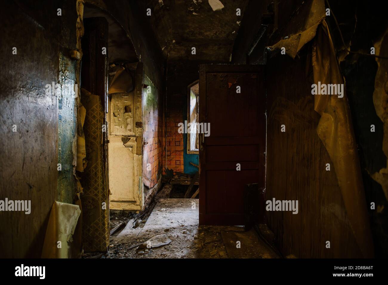 Burnt old house interior. Consequences of fire Stock Photo