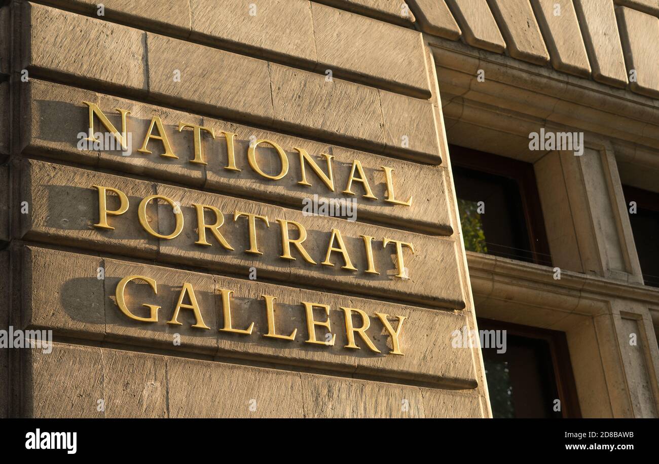 The National Portrait Gallery gold sign on stone wall. London Stock Photo