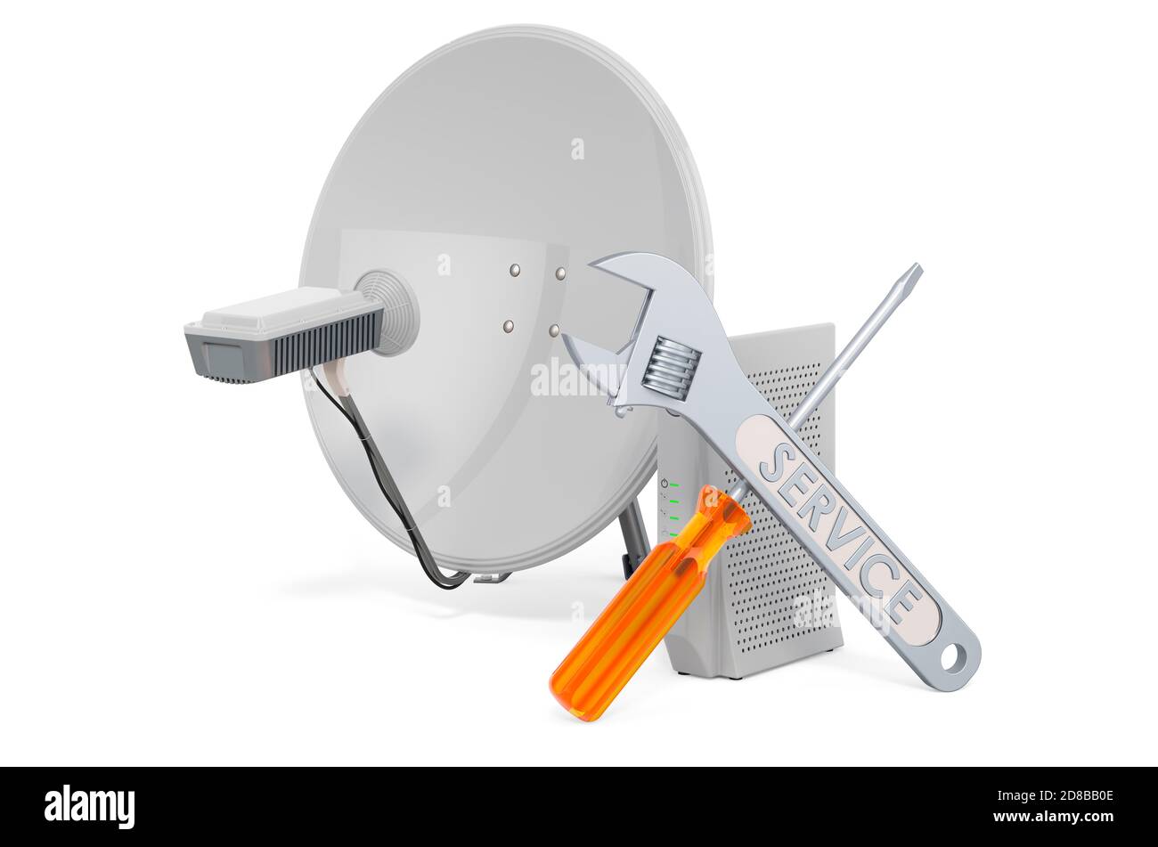 Repair and service of satellite dish, 3D rendering isolated on white