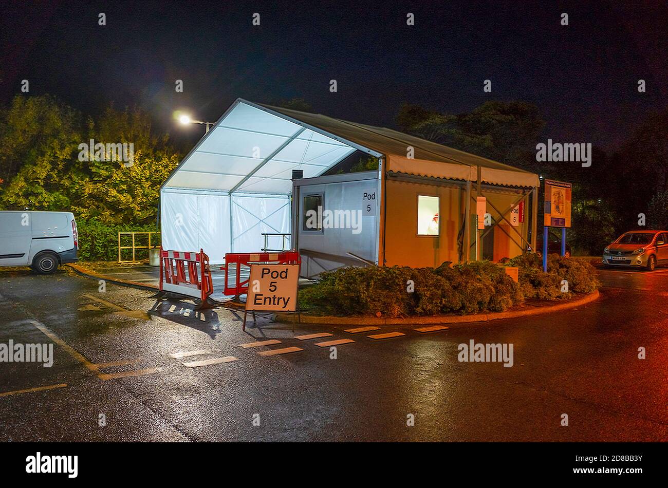 Pod 5 a testing station for Covid 19 test at a major hospital in the North of England  at night Stock Photo