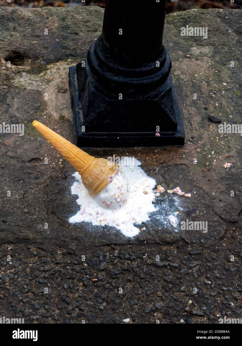 An ice cream cone accidently dropped on the promenade at Saltburn by the sea Stock Photo