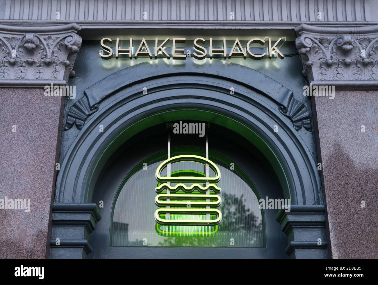Shake Shack restaurant neon sign on Charing Cross Road. London Stock Photo