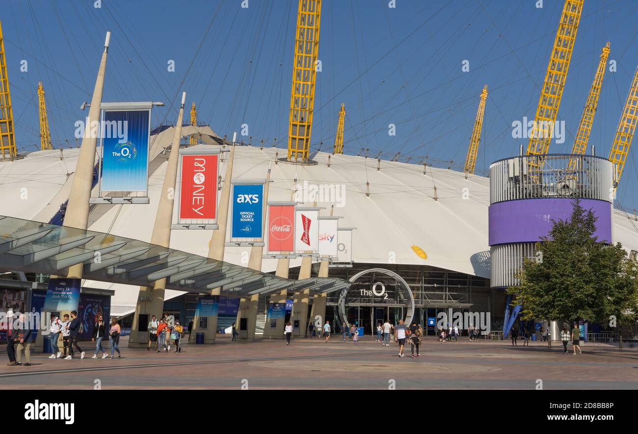 The o2 Millennium Dome entrance on a sunny day. North Greenwich,  London Stock Photo