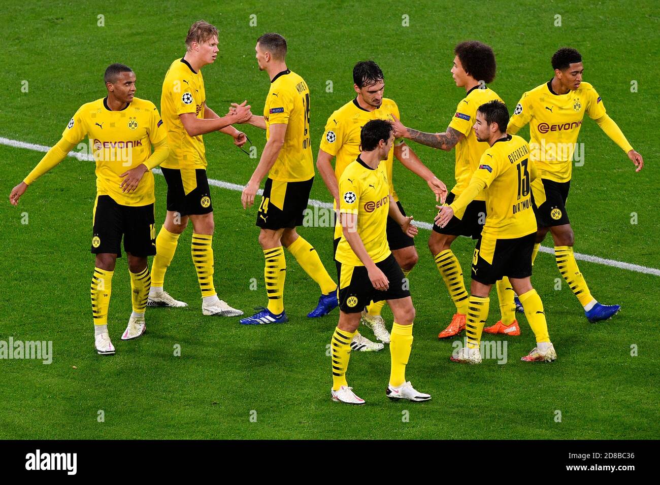 Dortmund, Germany. 28th Oct, 2020. Football: Champions League, Borussia  Dortmund - Zenit St. Petersburg, Group stage, Group F, Matchday 2 at Signal  Iduna Park. Dortmund's Erling Haaland (2.vl) celebrates his goal for