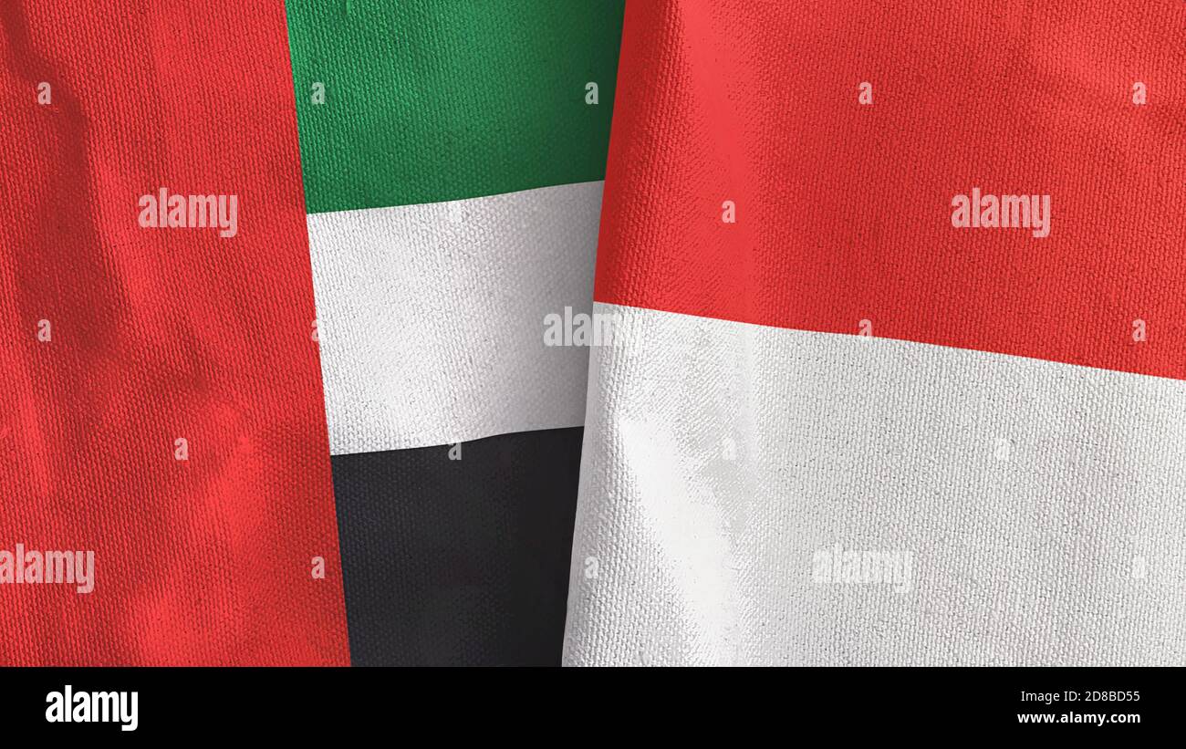 Indonesia and United Arab Emirates two flags textile cloth 3D rendering Stock Photo