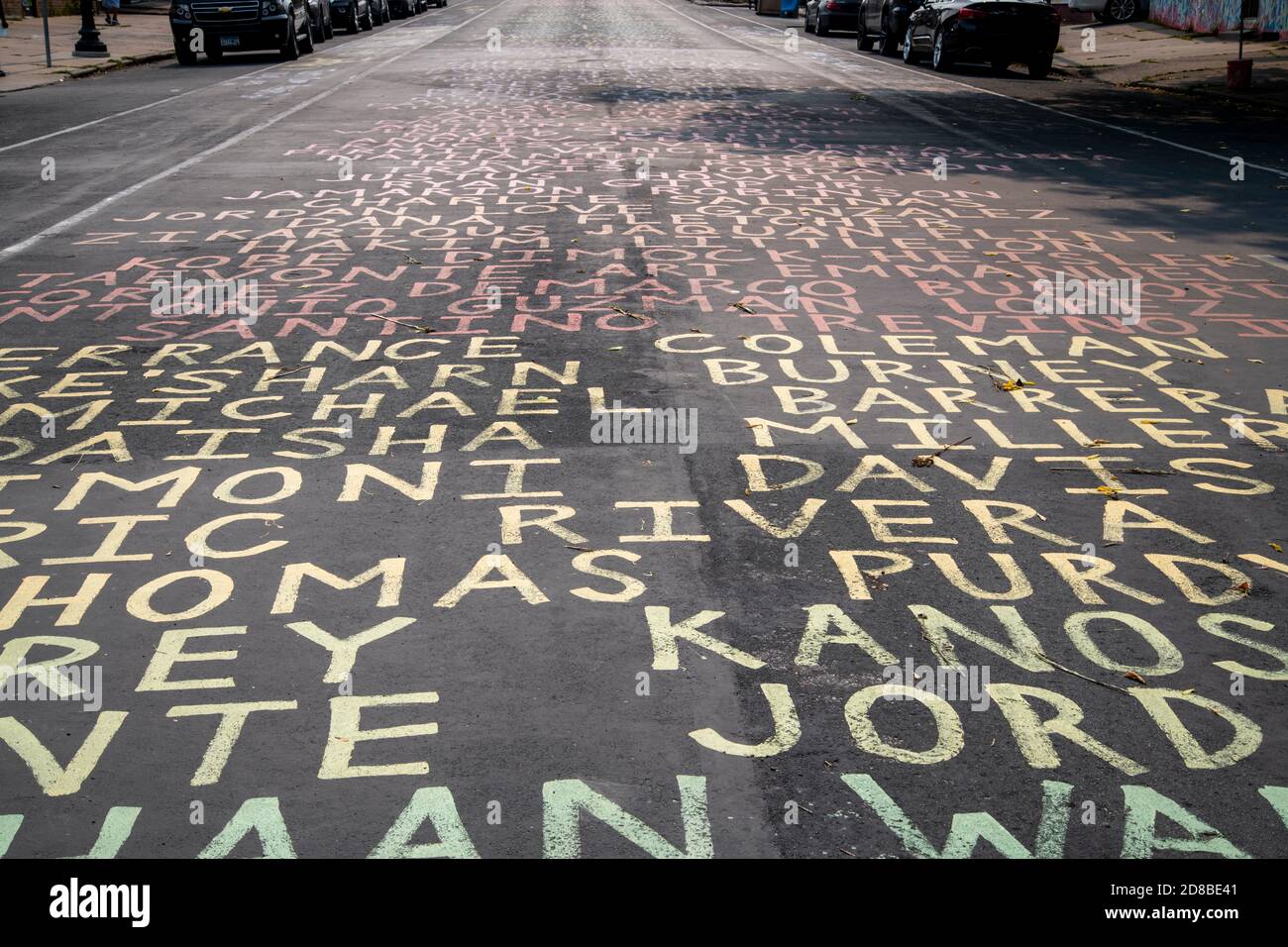 Minneapolis, MN. Street filled with the names of the victims of police brutality at the site of the George Floyd memorial. Stock Photo