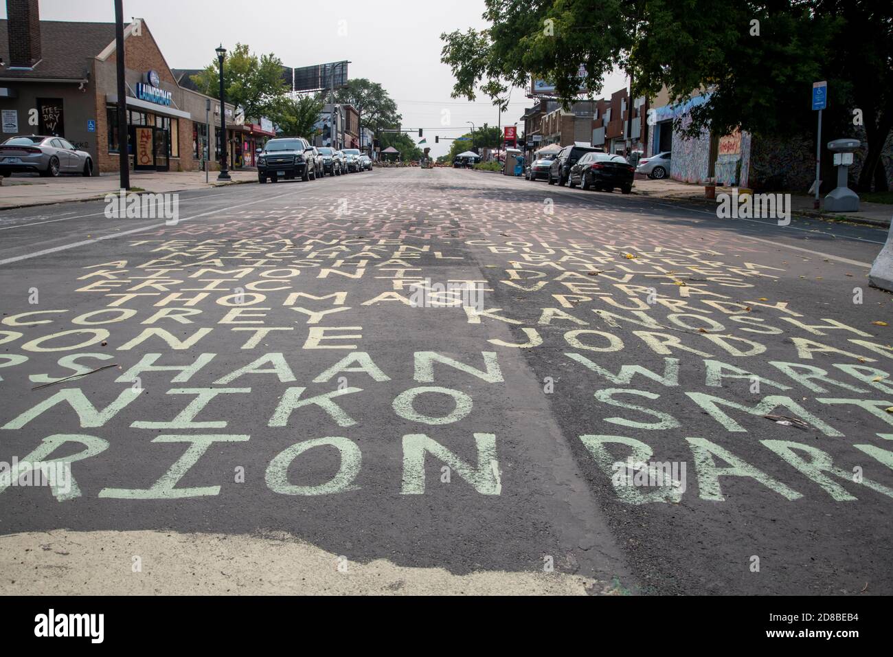 Minneapolis, MN. Street filled with the names of the victims of police brutality at the site of the George Floyd memorial. Stock Photo