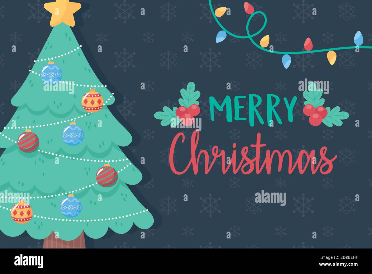 merry christmas decorative tree with star balls and lights card vector ...