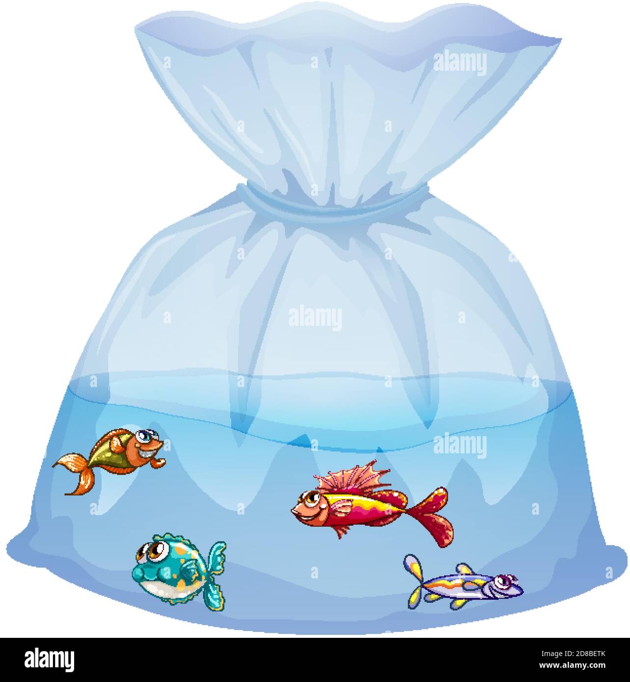 Cute fishes in plastic bag cartoon isolated illustration Stock