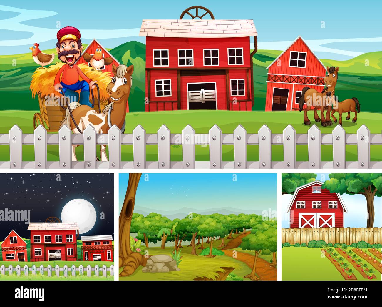 Set of different farm scenes with animal farm cartoon style ...