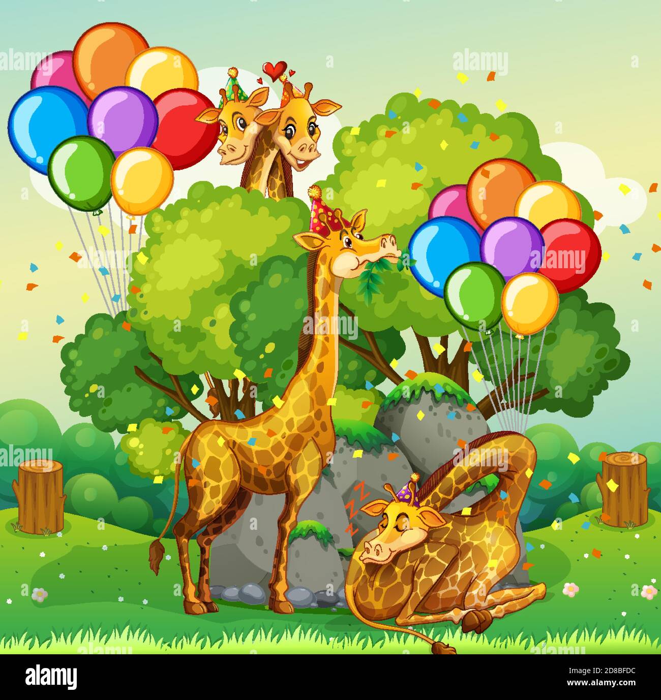 Many giraffes in party theme in nature forest background illustration ...