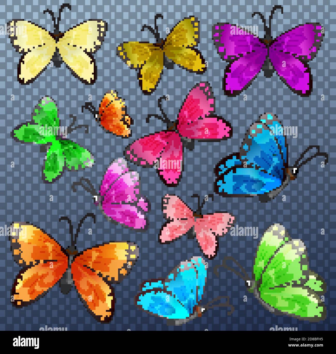 Set of different color butterfly on transparent background illustration Stock Vector