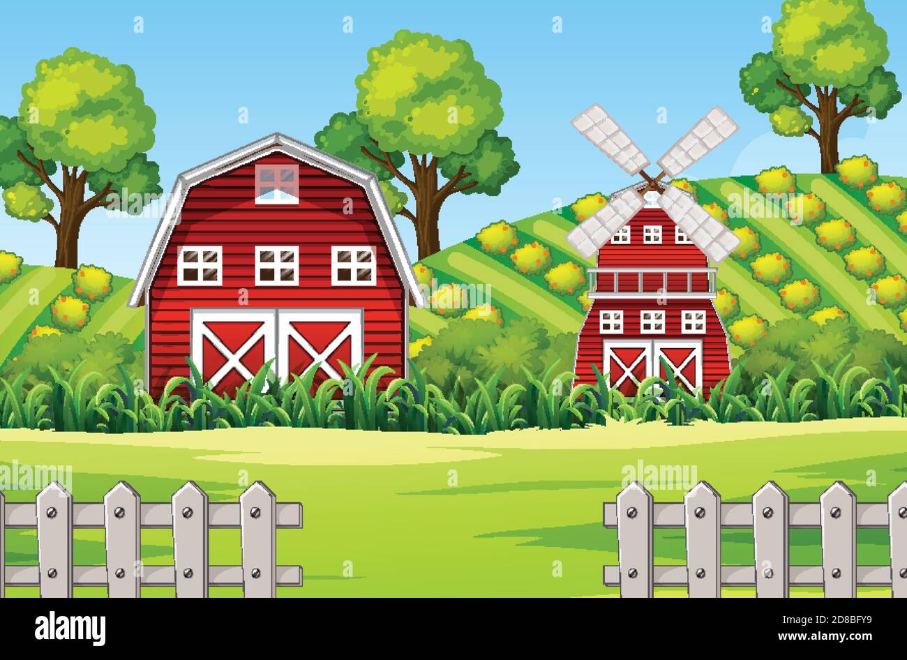 Farm scene in nature with barn and windmill illustration Stock Vector ...