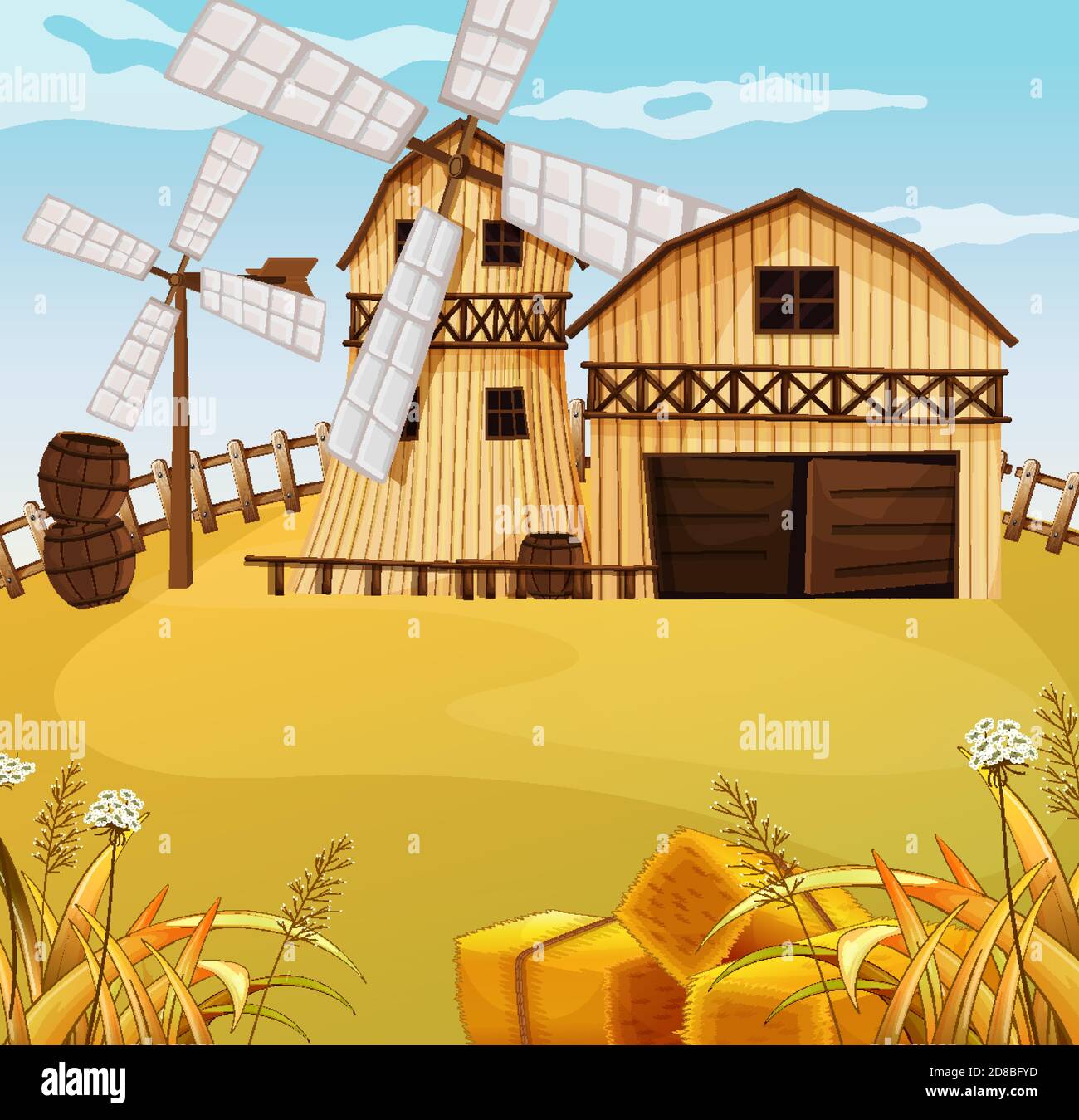 Farm scene in nature with barn and windmill illustration Stock Vector ...