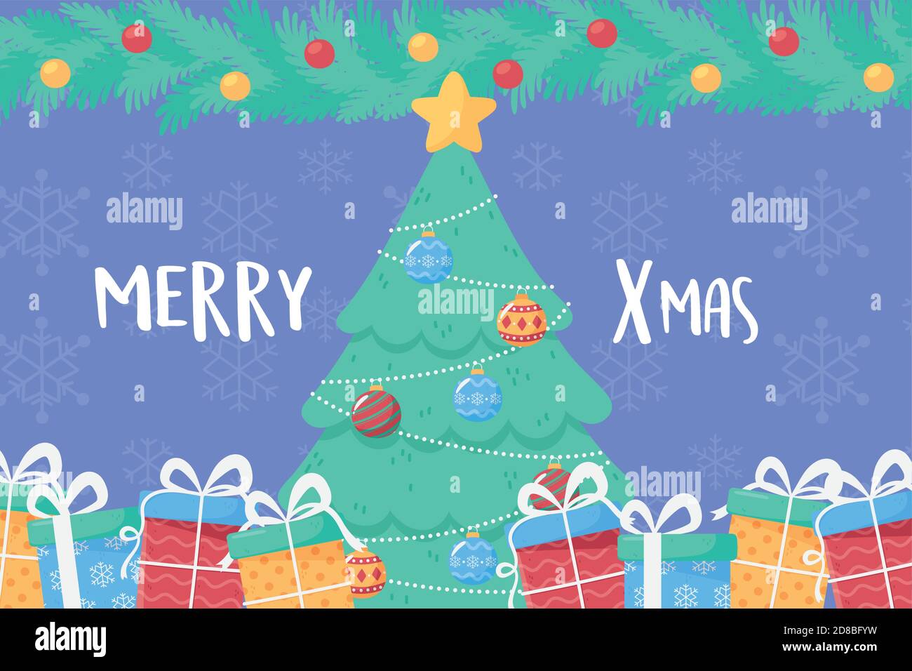 merry christmas pine tree with star balls and gift boxes decoration ...