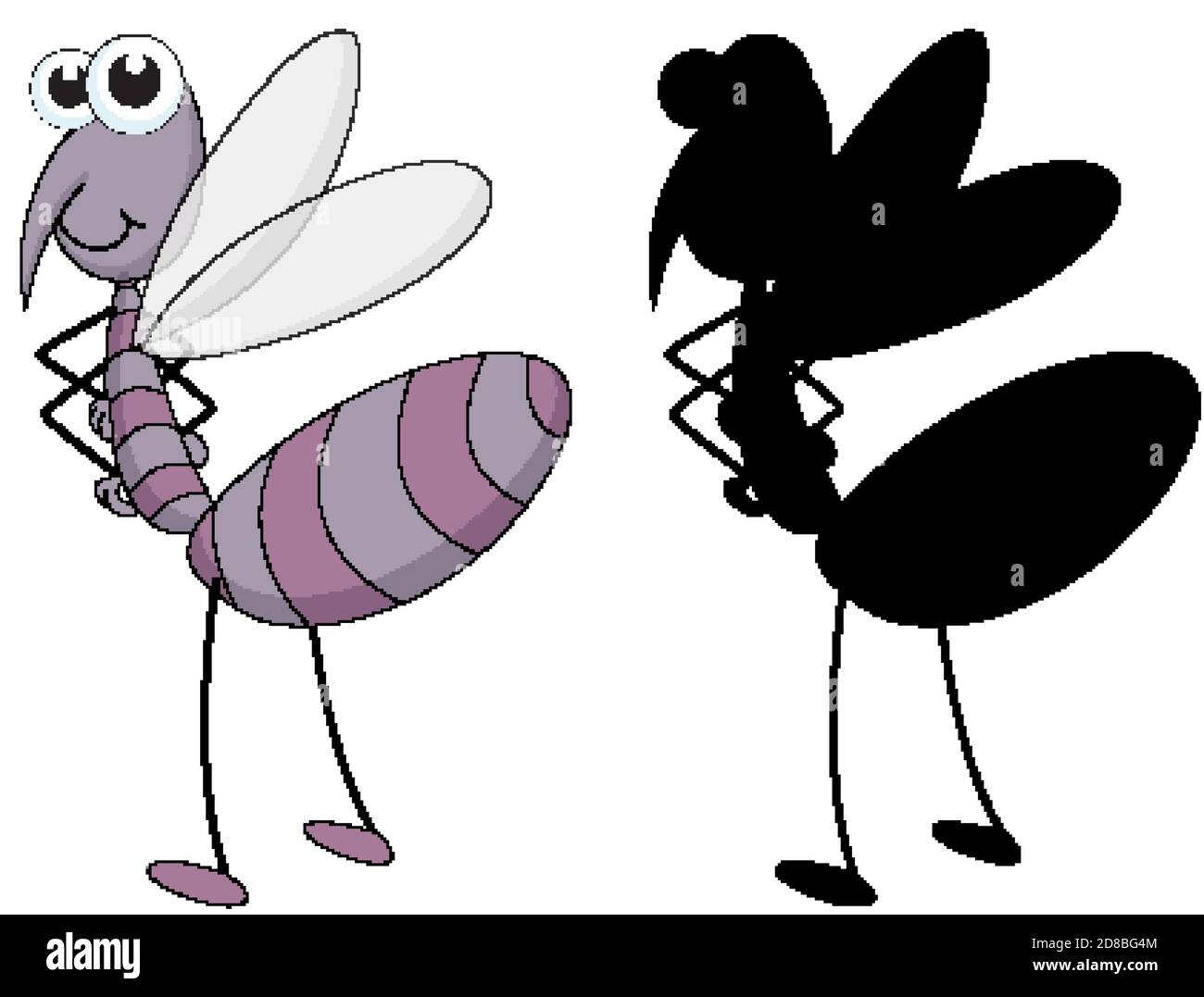 Set of insect cartoon character and its silhouette on white background ...