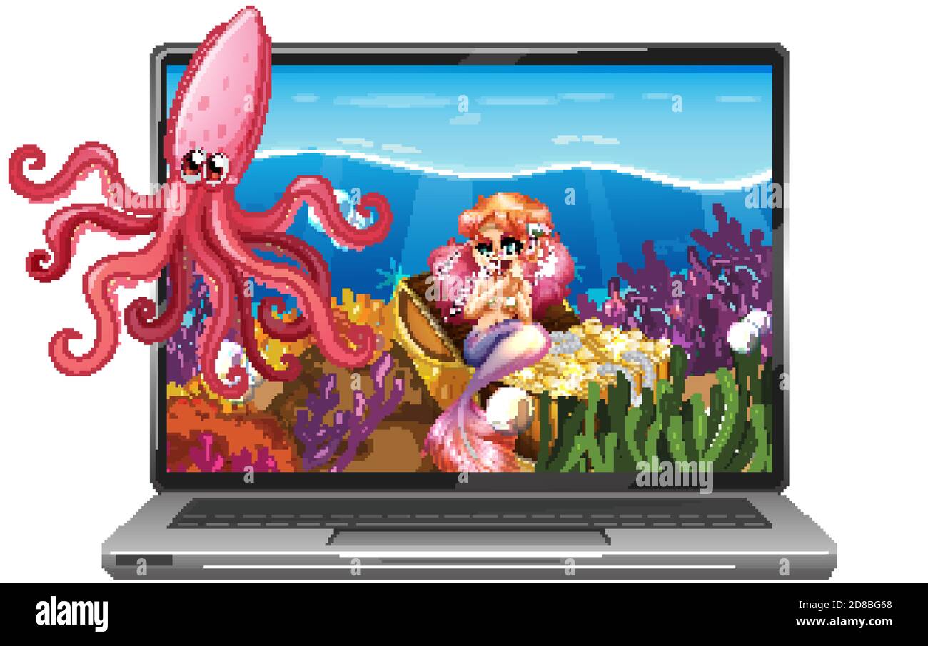 Laptop with underwater scene on screen illustration Stock Vector