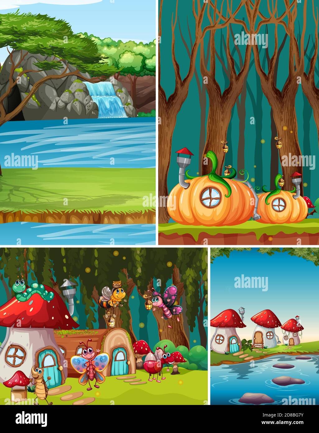 Six Different Scene Of Fantasy World With Beautiful Fairies In The Fairy Tale And Water Fall Scene And Fantasy Houses Illustration Stock Vector Image Art Alamy