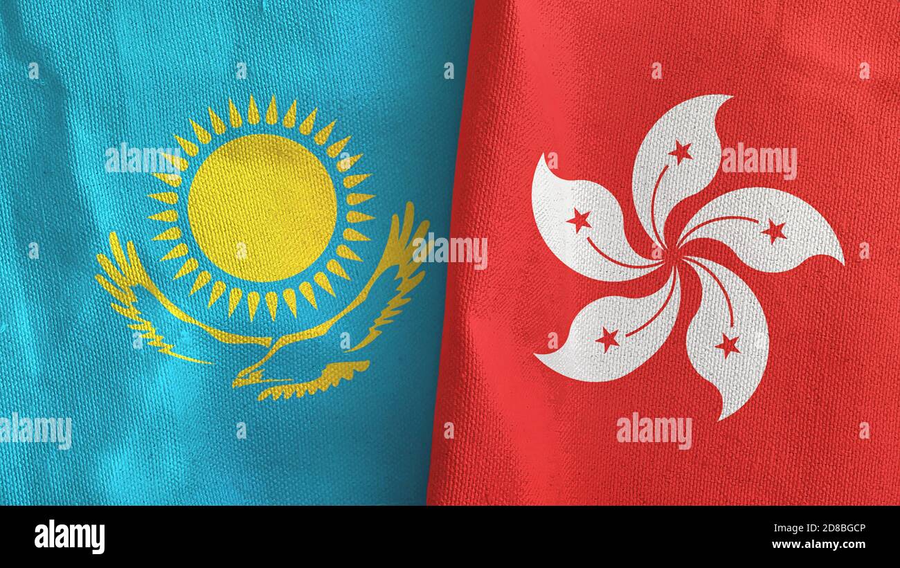 Hong Kong and Kazakhstan two flags textile cloth 3D rendering Stock Photo