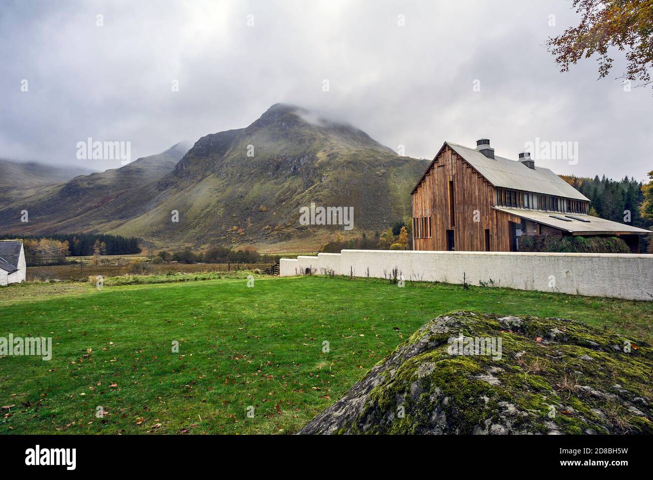 Landscape image of rebuilt Blair House at bottom of Glen Doll, Angus