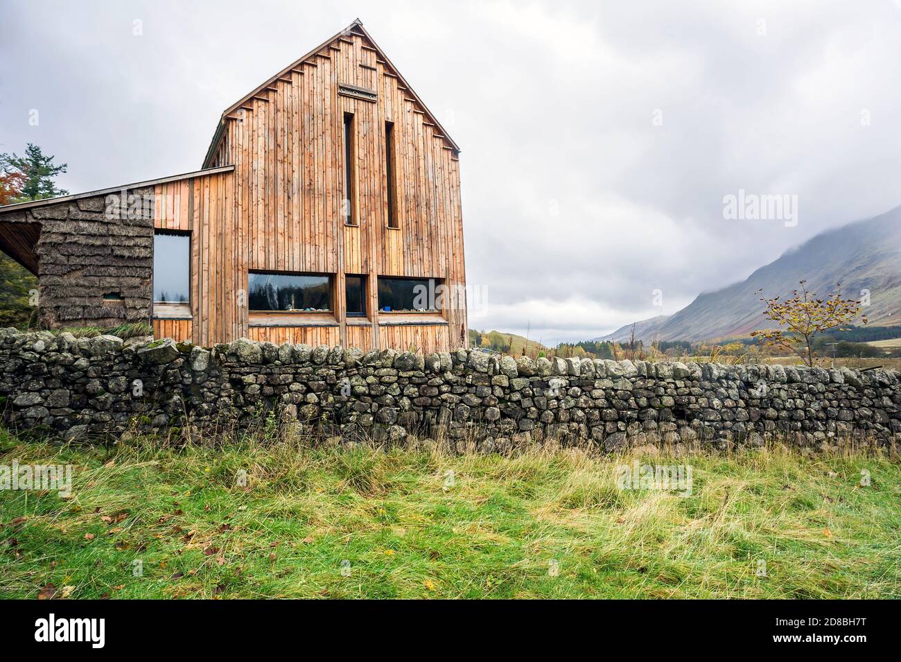 Landscape image of rebuilt Blair House at bottom of Glen Doll, Angus