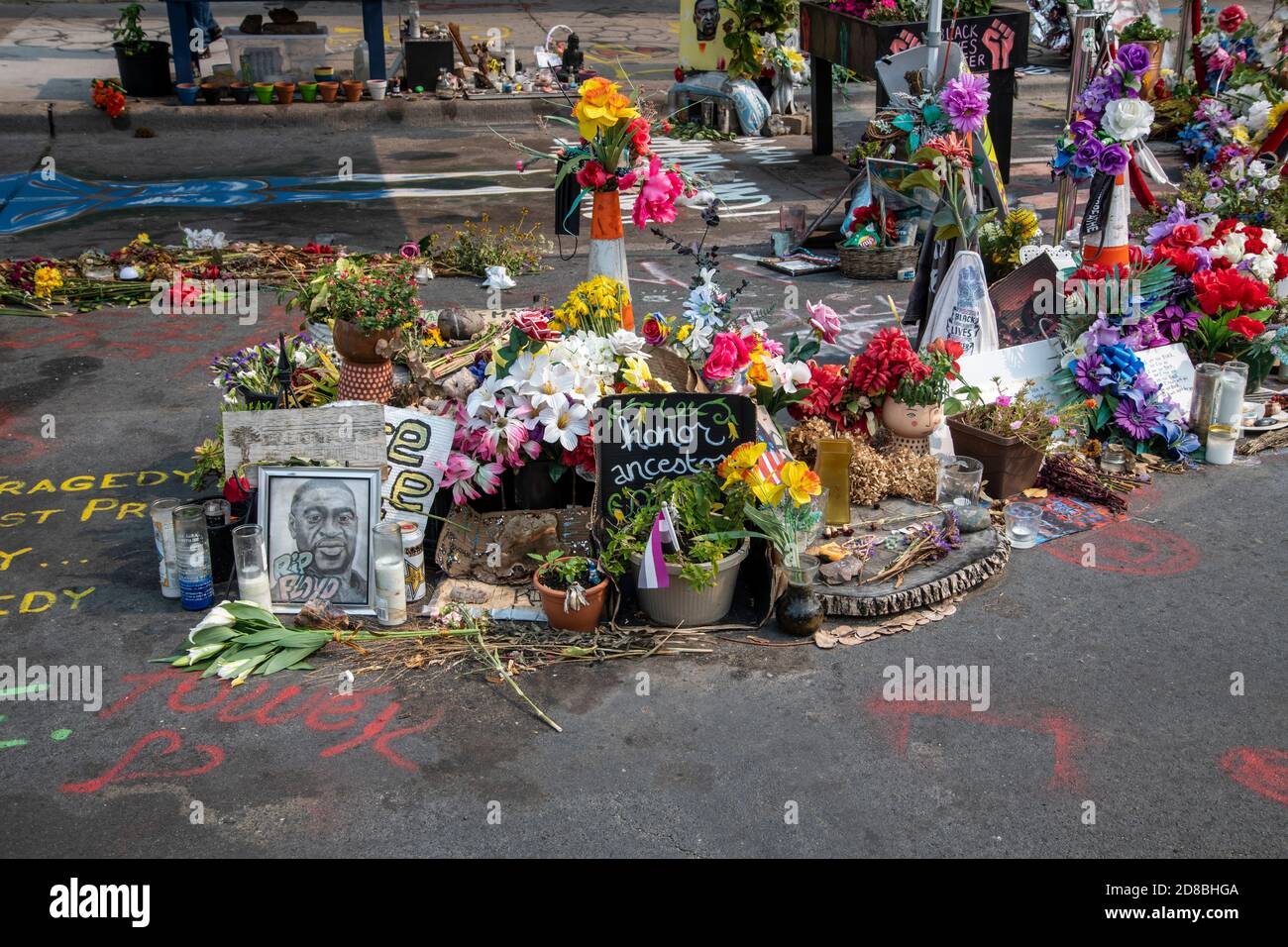 Minneapolis, Minnesota. Flower memorial for George Floyd killed by police. Stock Photo