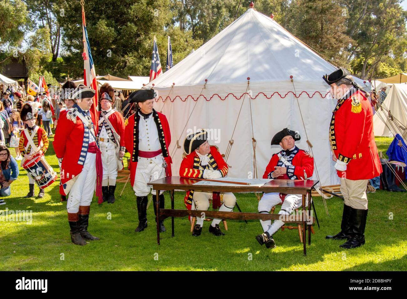 Redcoat British Army officers are portrayed by actors at an American Revolutionary War reenactment in a Huntington Beach, CA. Stock Photo