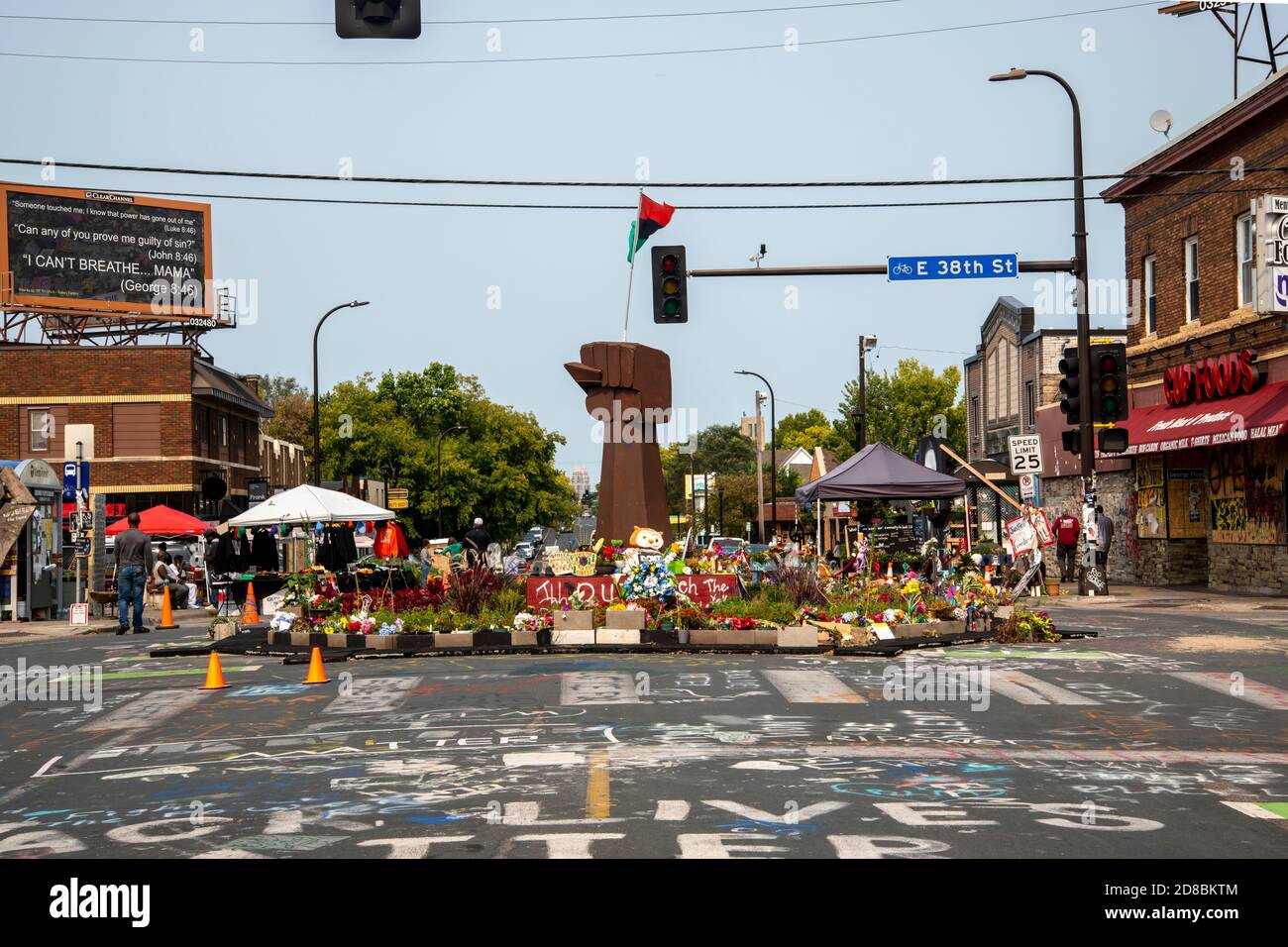 Minneapolis, Minnesota. Site of the George Floyd memorial with black fist sculpture. Stock Photo