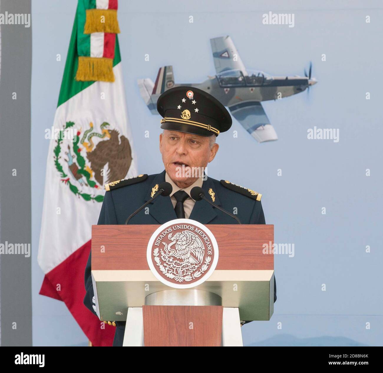 Mexican Defense Minister Gen. Salvador Cienfuegos Zepeda delivers an address during a promotion ceremony July 26, 2017 in Mexico City, Mexico. Cienfuegos was arrested October 16, 2020 at Los Angeles International Airport and charged with drug-related corruption. Stock Photo