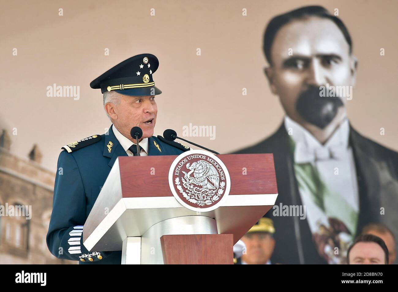 Mexican Defense Minister Gen. Salvador Cienfuegos Zepeda delivers remarks during a ceremony honoring the 104th Anniversary of the Loyalty March February 9, 2017 in Mexico City, Mexico. Cienfuegos was arrested October 16, 2020 at Los Angeles International Airport and charged with drug-related corruption. Stock Photo