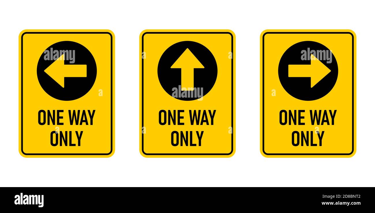 Set of One Way Only Vertical Warning Sign Poster Icon with Direction Arrow and Text. Vector Image. Stock Vector