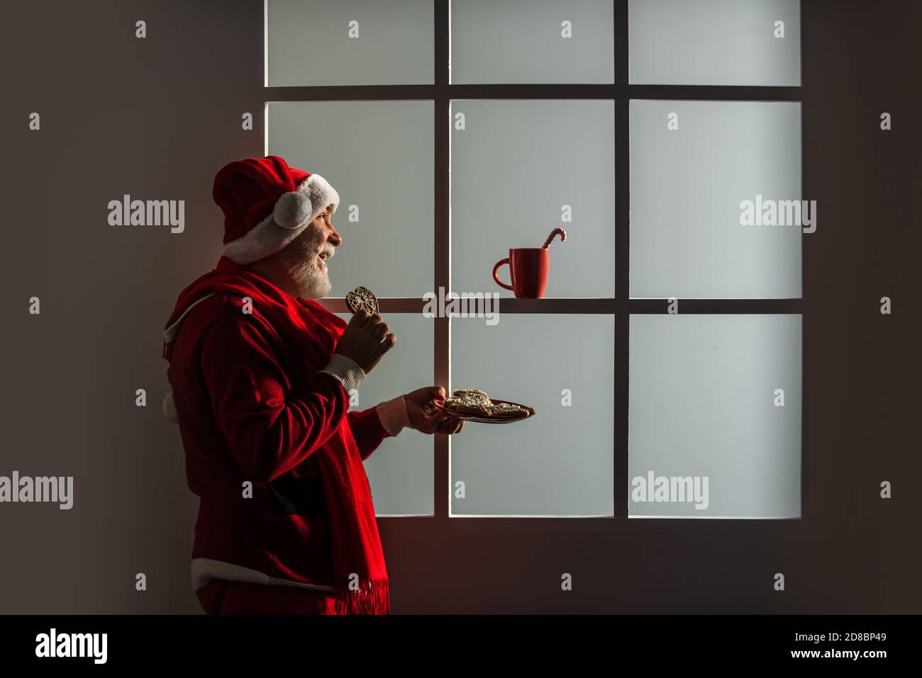 wear santa claus coat and hat. shopping 