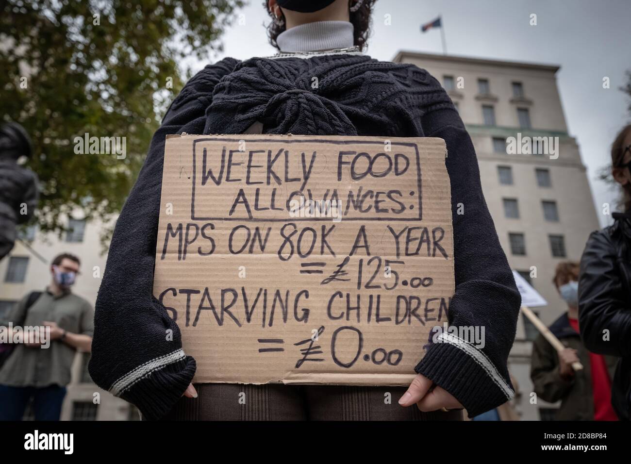 Protest for Access to Free School Meals in London after Boris Johnson and Tory MPs rejected plans to extend free school meals over the holidays. Stock Photo