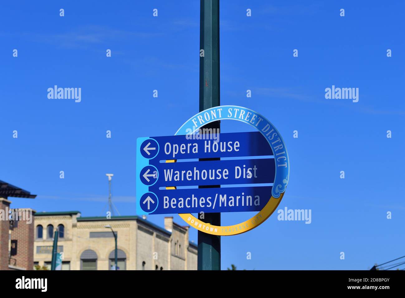 Traverse City, Michigan, USA. Directional sign in the Front Street District in downtown Traverse City. Stock Photo