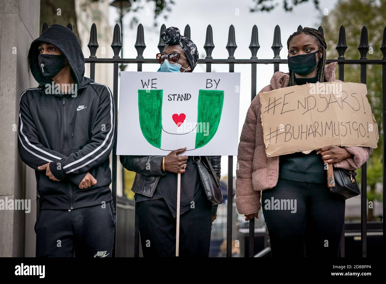 British-Nigerians demonstrate opposite Downing Street against police brutality carried out by a unit of the Nigerian police force called SARS. London. Stock Photo