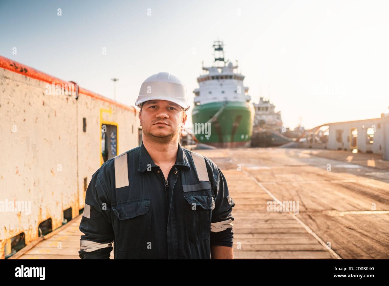 Marine Deck Officer or Chief mate on deck of offshore vessel or ship Stock Photo