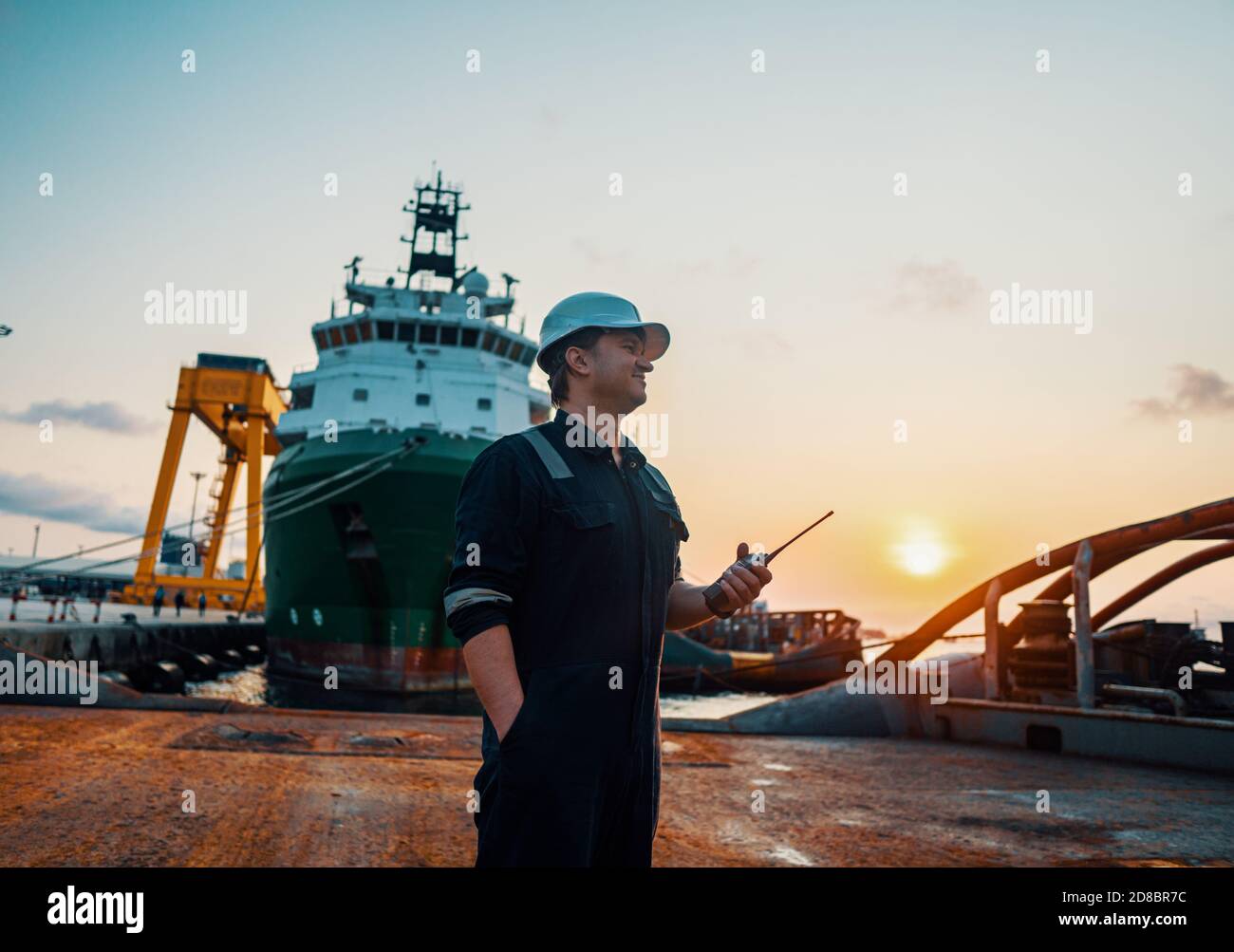 Marine Deck Officer or Chief mate on deck of offshore vessel or ship Stock Photo