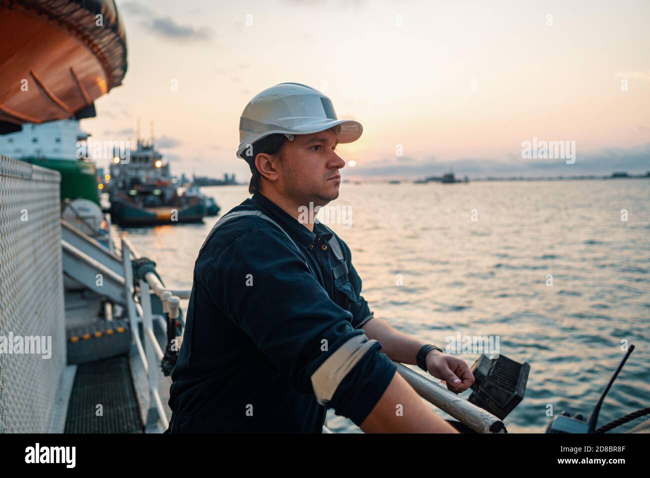 Marine Deck Officer or Chief mate on deck of offshore vessel or ship Stock Photo