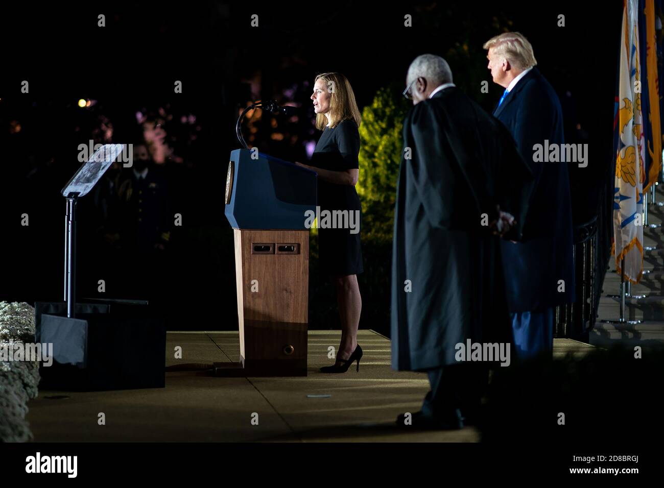 U.S. Supreme Court Associate Justice Amy Coney Barrett delivers remarks Monday, October 26, 2020, during her swearing-in ceremony on the South Lawn of the White House. (USA) Stock Photo