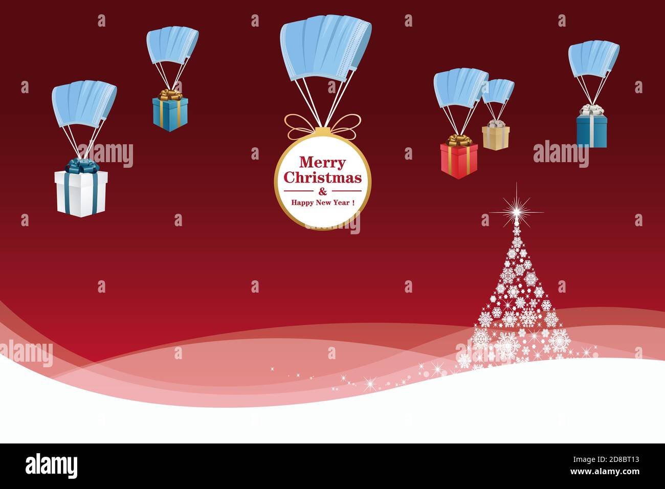 vector of christmas gifts dropping from sky with face mask as parachute Stock Photo