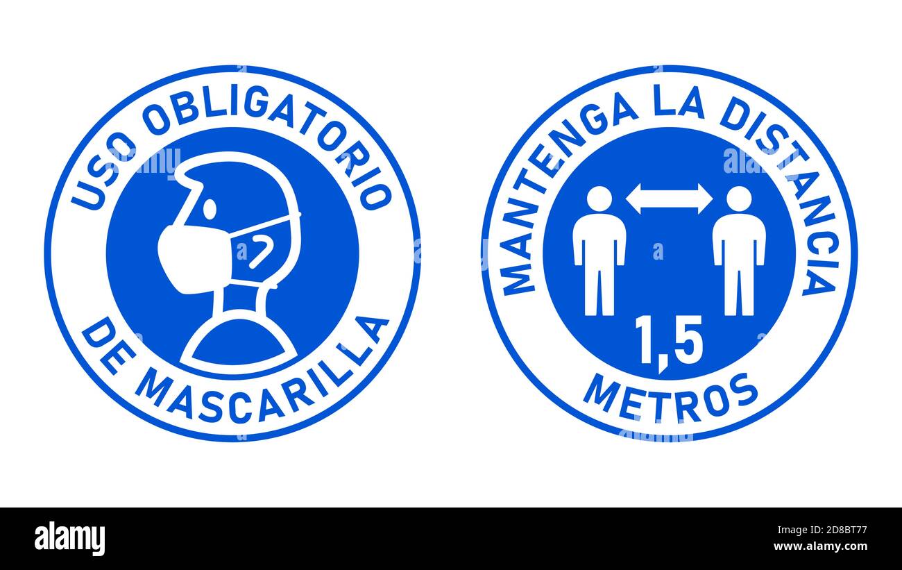 Round Signs in Spanish "Uso Obligatorio de Mascarilla" (Face Mask Required) and "Mantenga La