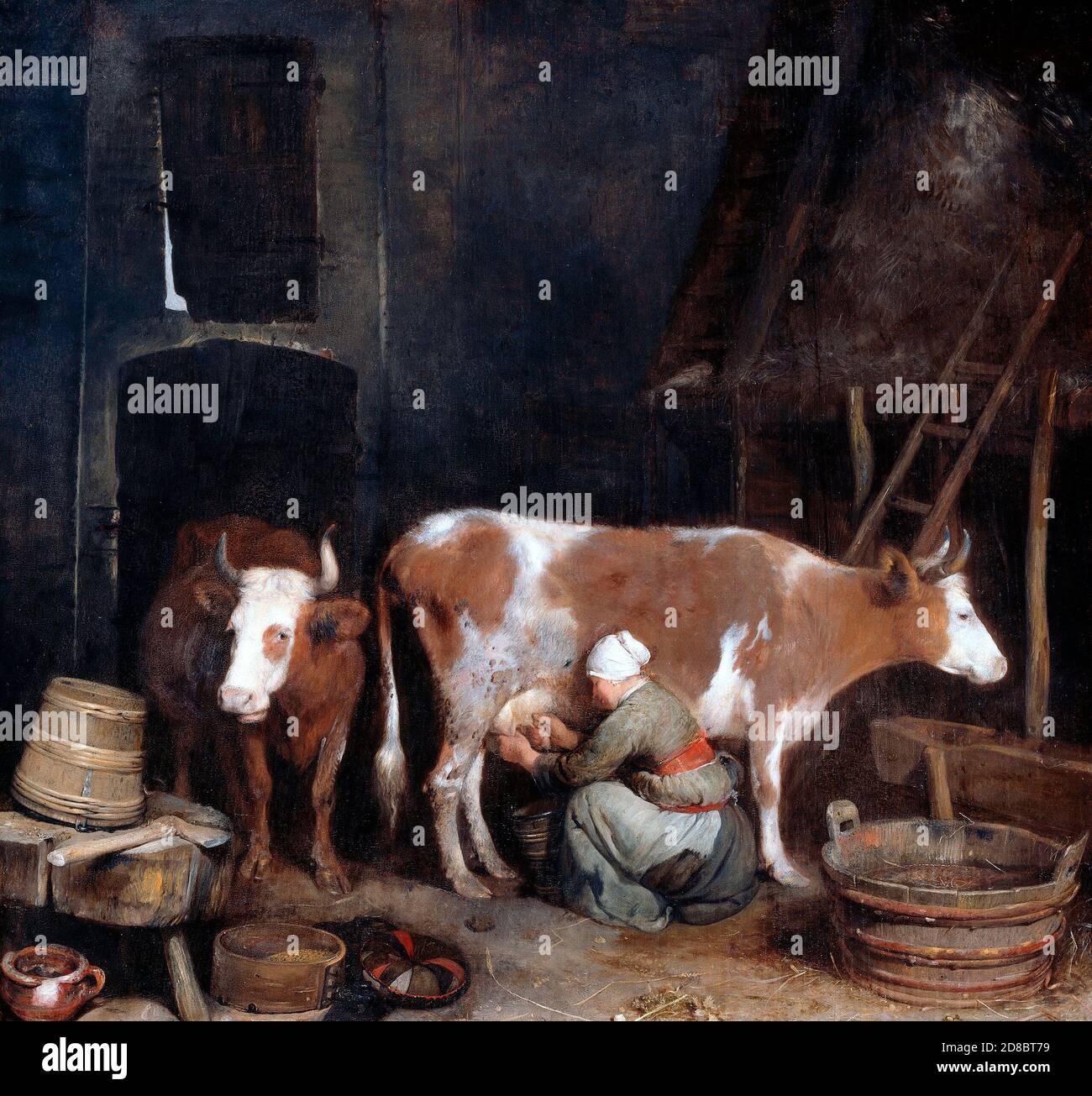 A Maid Milking a Cow in a Barn, oil on panel painting by Gerard ter Borch, circa 1652-54 Stock Photo