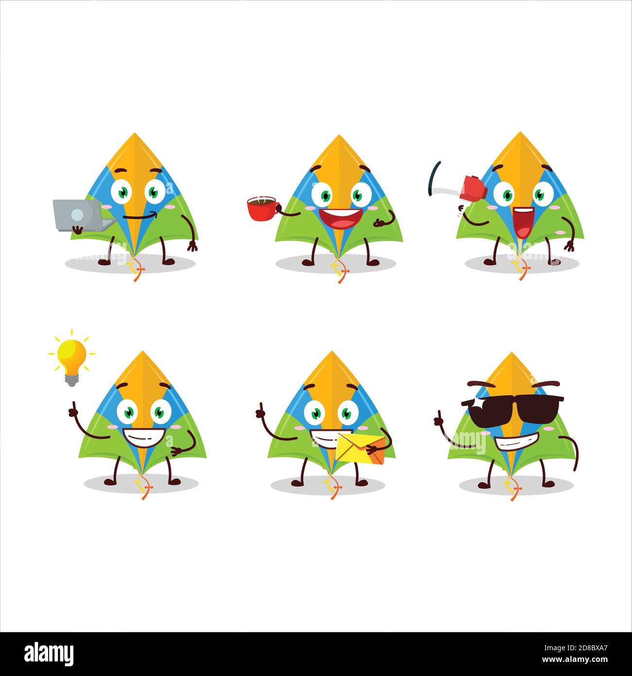Kite cartoon character with various types of business emoticons Stock