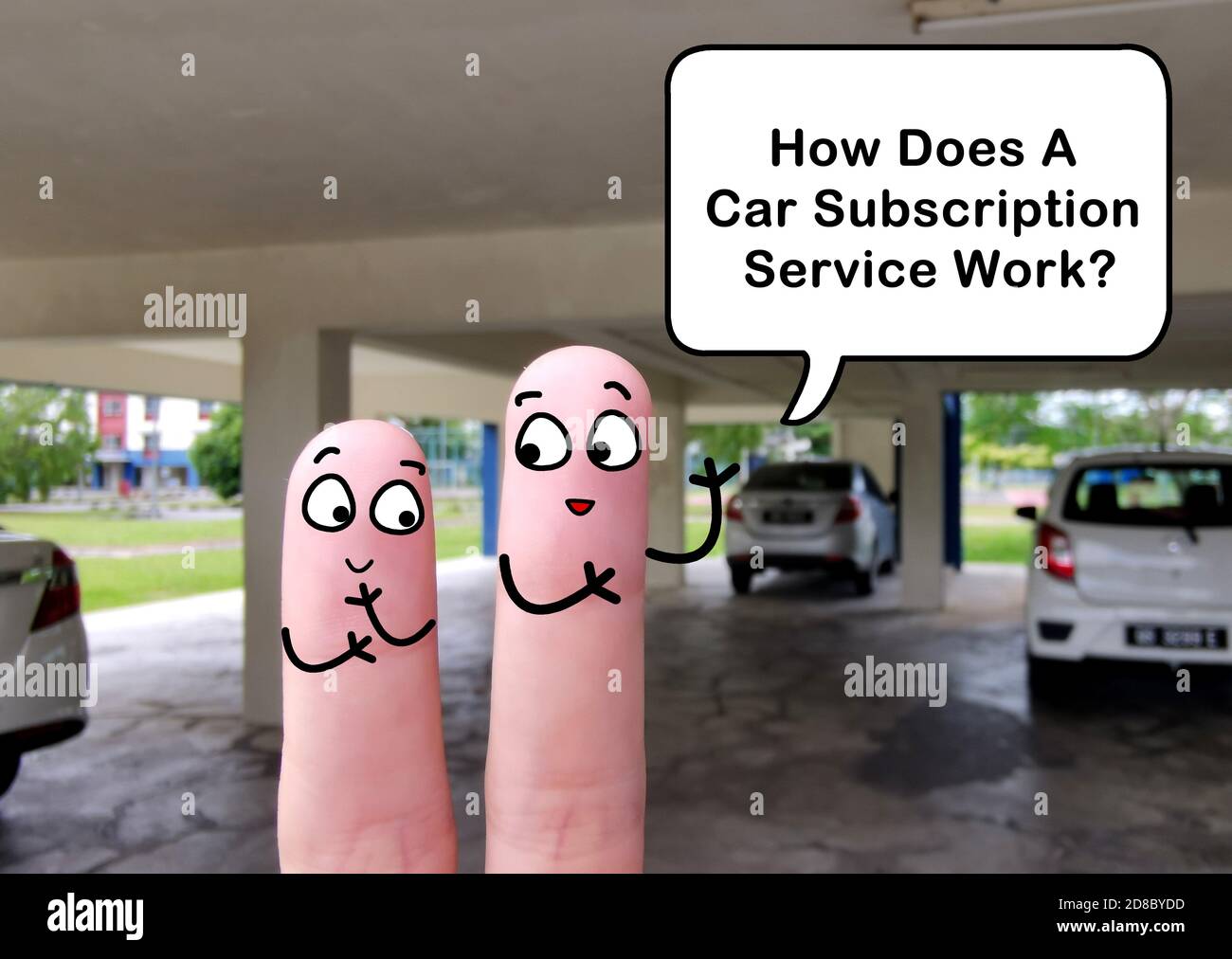 Two fingers are decorated as two person. They are discussing about car subscription service work. Stock Photo