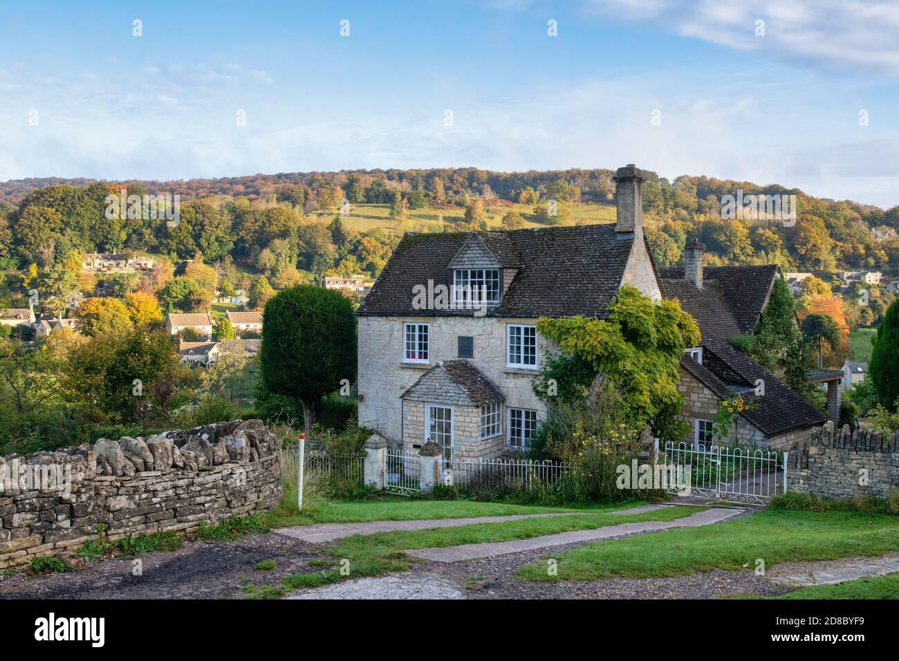 Sheepscombe village in the late afternoon autumn light. Sheepscombe, Cotswolds, Gloucestershire, England Stock Photo