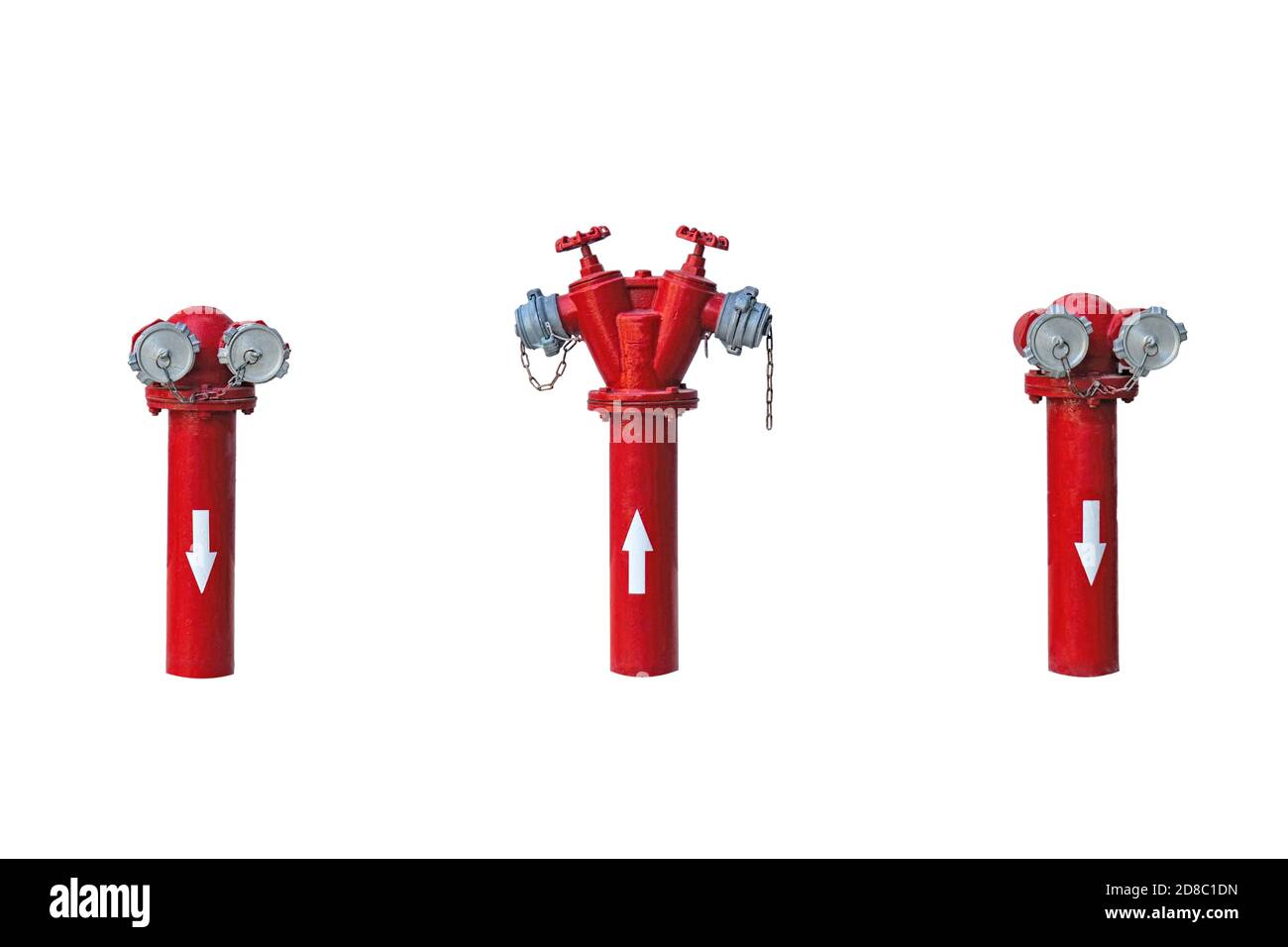 Set of different red fire hydrants isolated on white. Clipping path Stock Photo